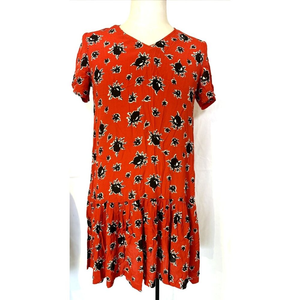 GANNI Rosemary Coral Red Pleated Flowers Floral Tiered Ruffle Summer Dress Sz XS